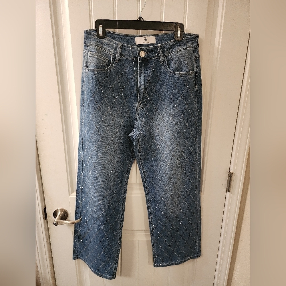 Flying Angel Studded Denim Jeans | Rhinestone Detail Straight Leg
